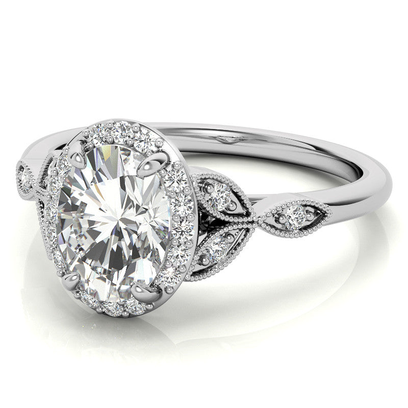 Oval Halo Moissanite Engagement Ring with Marquise Style Accents