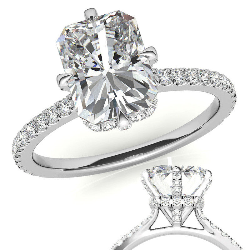 Emerald / Radiant Cut Moissanite Engagement Ring With Compass Style Diamond Accented Prongs
