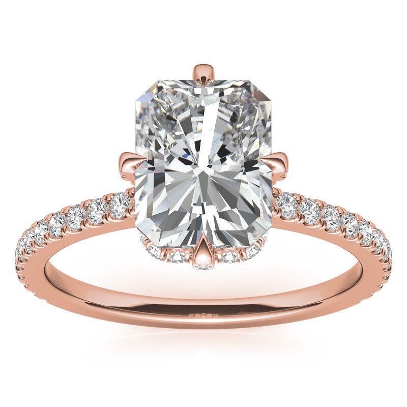 Emerald / Radiant Cut Moissanite Engagement Ring With Compass Style Diamond Accented Prongs