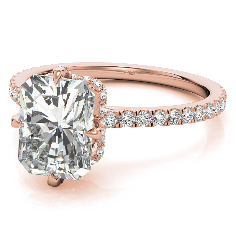 Emerald / Radiant Cut Moissanite Engagement Ring With Compass Style Diamond Accented Prongs