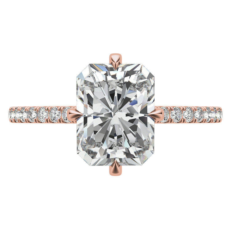 Emerald / Radiant Cut Moissanite Engagement Ring With Compass Style Diamond Accented Prongs