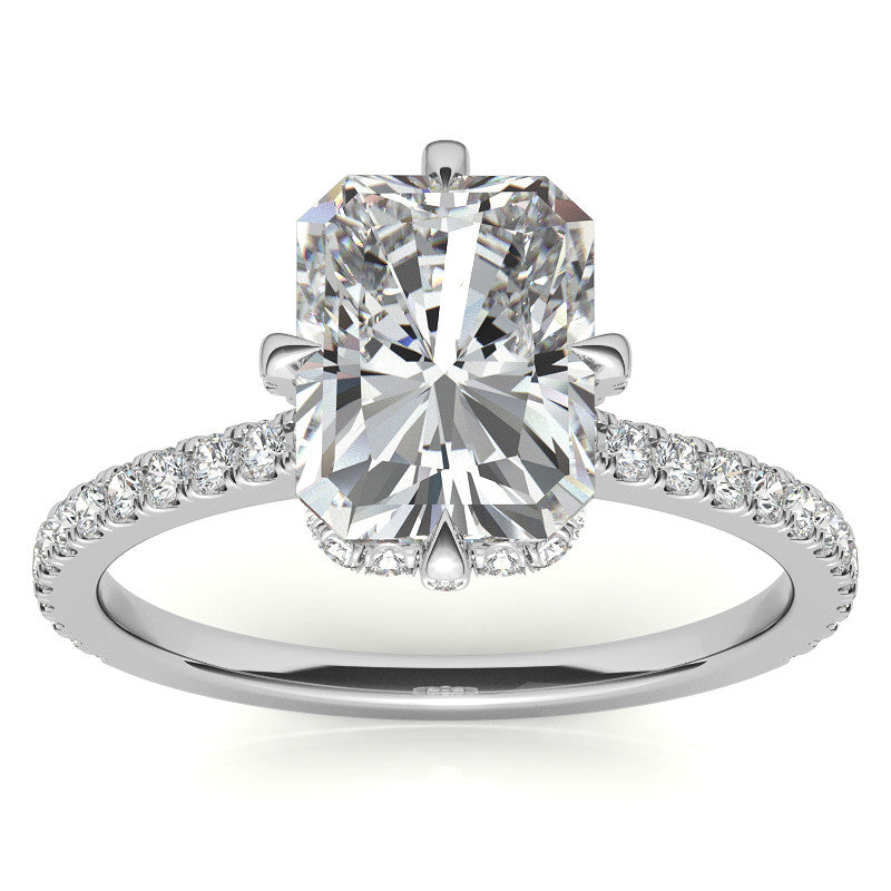 Emerald / Radiant Cut Moissanite Engagement Ring With Compass Style Diamond Accented Prongs