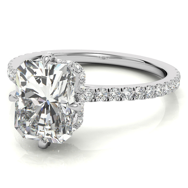 Emerald / Radiant Cut Moissanite Engagement Ring With Compass Style Diamond Accented Prongs