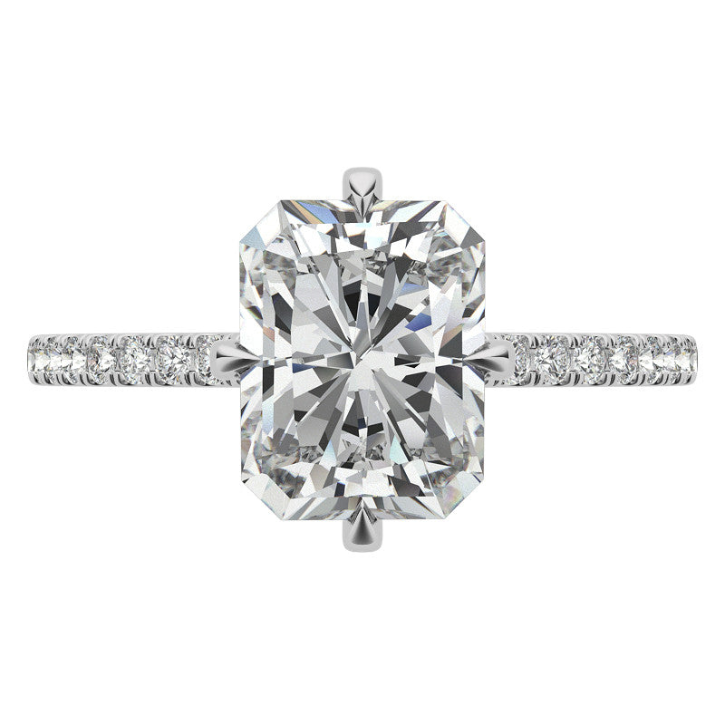 Emerald / Radiant Cut Moissanite Engagement Ring With Compass Style Diamond Accented Prongs