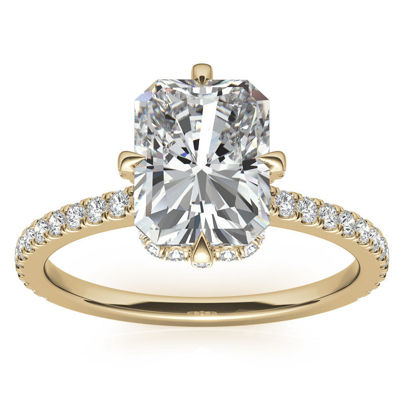 Emerald / Radiant Cut Moissanite Engagement Ring With Compass Style Diamond Accented Prongs