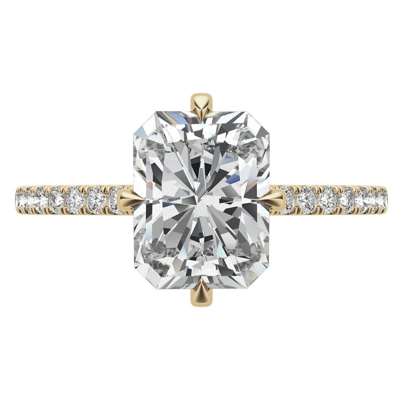 Emerald / Radiant Cut Moissanite Engagement Ring With Compass Style Diamond Accented Prongs