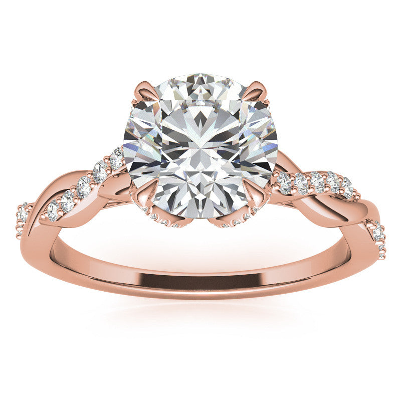 Round Brilliant Moissanite Infinity Twist Style Engagement Ring With Diamond Accented Tulip Prongs