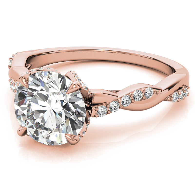 Round Brilliant Moissanite Infinity Twist Style Engagement Ring With Diamond Accented Tulip Prongs
