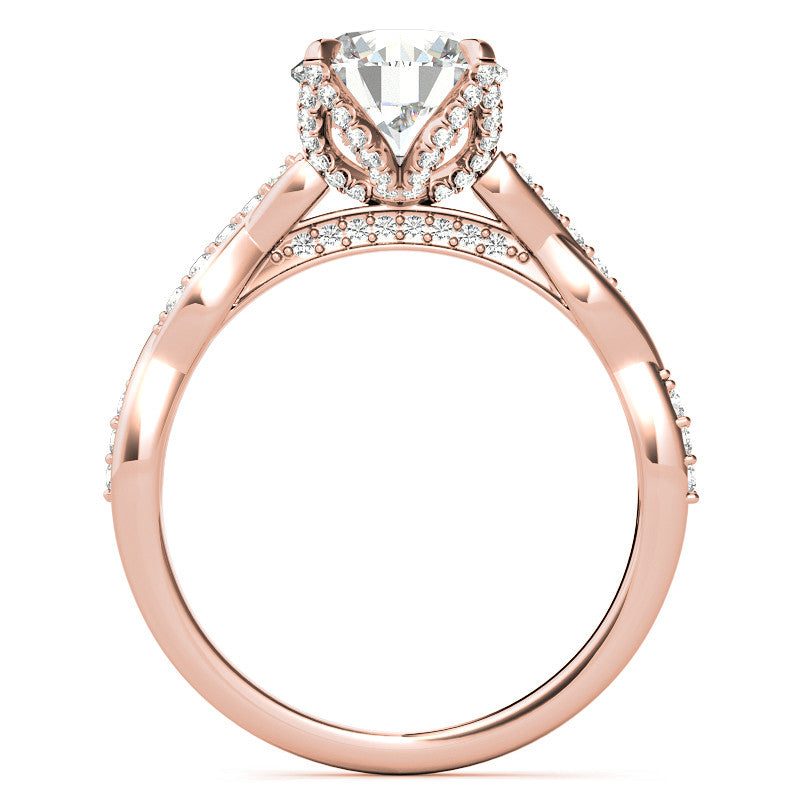 Round Brilliant Moissanite Infinity Twist Style Engagement Ring With Diamond Accented Tulip Prongs