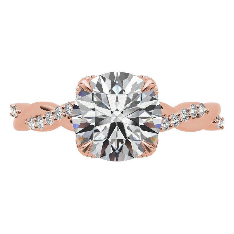 Round Brilliant Moissanite Infinity Twist Style Engagement Ring With Diamond Accented Tulip Prongs