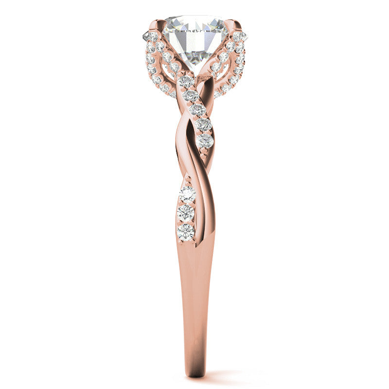 Round Brilliant Moissanite Infinity Twist Style Engagement Ring With Diamond Accented Tulip Prongs