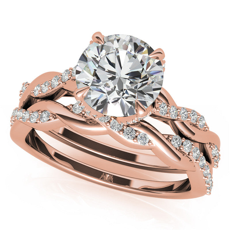 Round Brilliant Moissanite Infinity Twist Style Engagement Ring With Diamond Accented Tulip Prongs