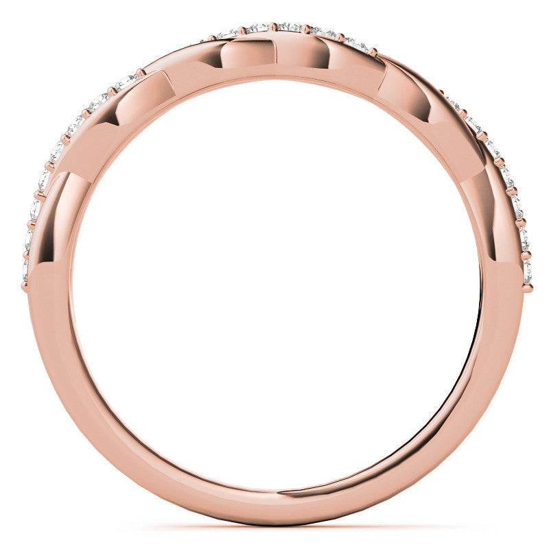 Round Brilliant Moissanite Infinity Twist Style Engagement Ring With Diamond Accented Tulip Prongs