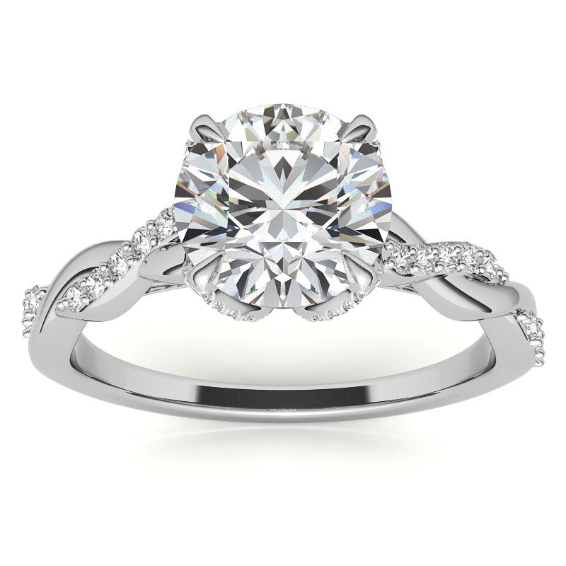 Round Brilliant Moissanite Infinity Twist Style Engagement Ring With Diamond Accented Tulip Prongs