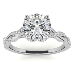 Round Brilliant Moissanite Infinity Twist Style Engagement Ring With Diamond Accented Tulip Prongs