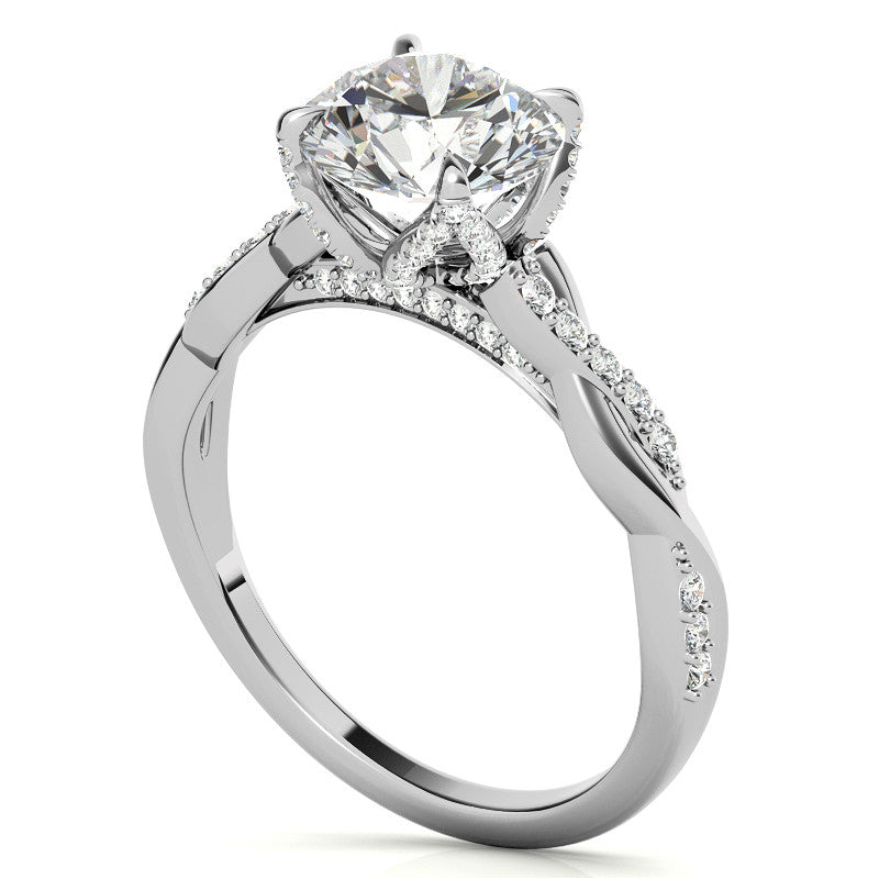 Round Brilliant Moissanite Infinity Twist Style Engagement Ring With Diamond Accented Tulip Prongs