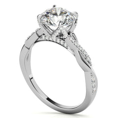 Round Brilliant Moissanite Infinity Twist Style Engagement Ring With Diamond Accented Tulip Prongs