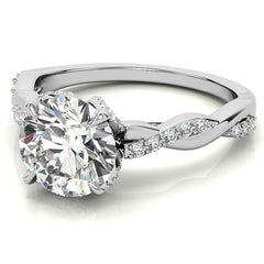 Round Brilliant Moissanite Infinity Twist Style Engagement Ring With Diamond Accented Tulip Prongs