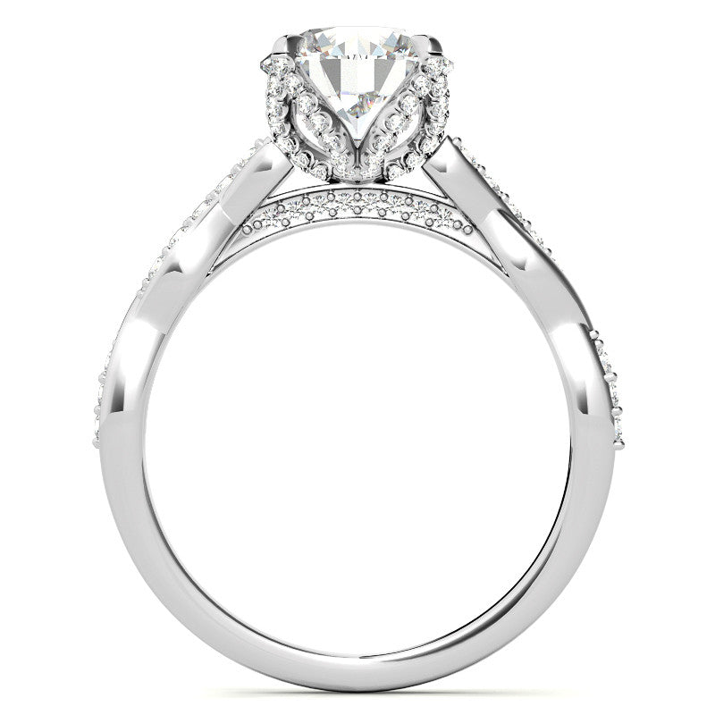 Round Brilliant Moissanite Infinity Twist Style Engagement Ring With Diamond Accented Tulip Prongs