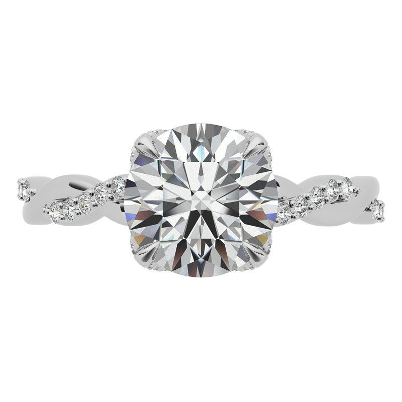 Round Brilliant Moissanite Infinity Twist Style Engagement Ring With Diamond Accented Tulip Prongs