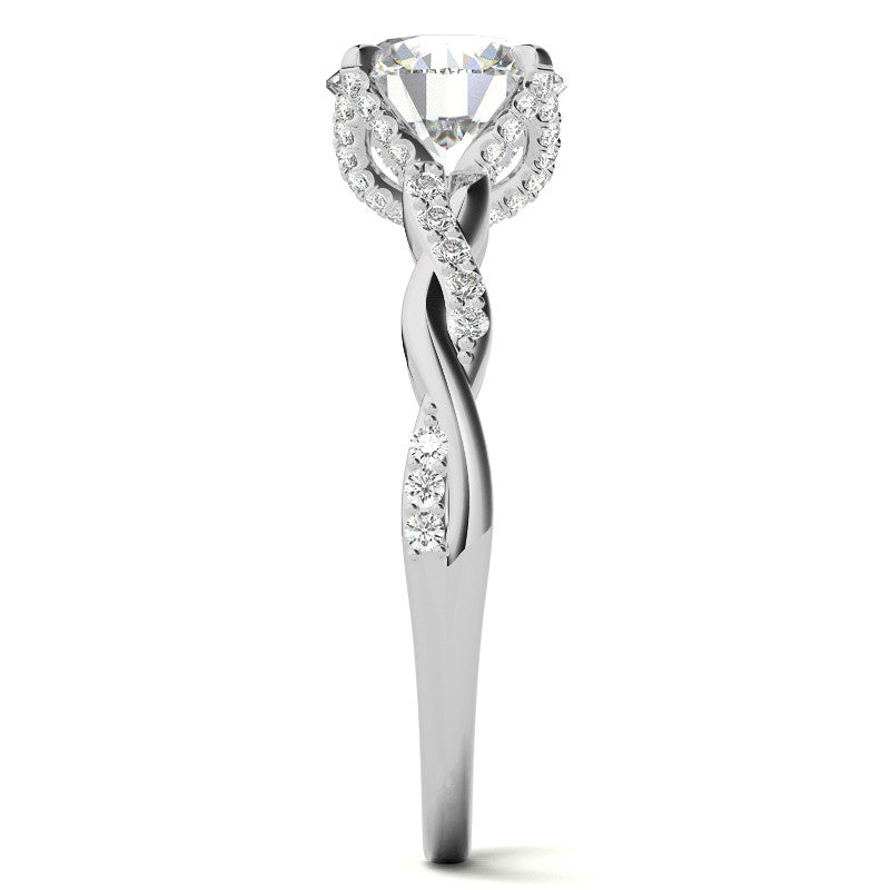 Round Brilliant Moissanite Infinity Twist Style Engagement Ring With Diamond Accented Tulip Prongs