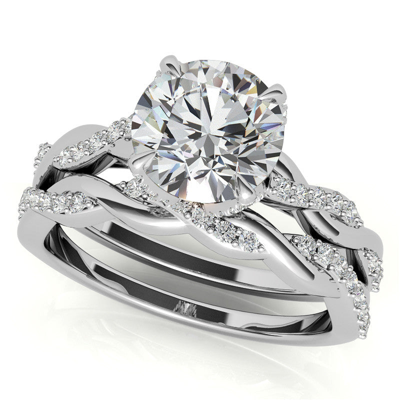 Round Brilliant Moissanite Infinity Twist Style Engagement Ring With Diamond Accented Tulip Prongs