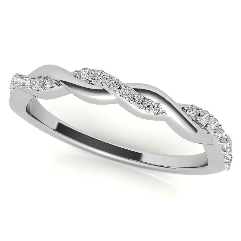 Round Brilliant Moissanite Infinity Twist Style Engagement Ring With Diamond Accented Tulip Prongs
