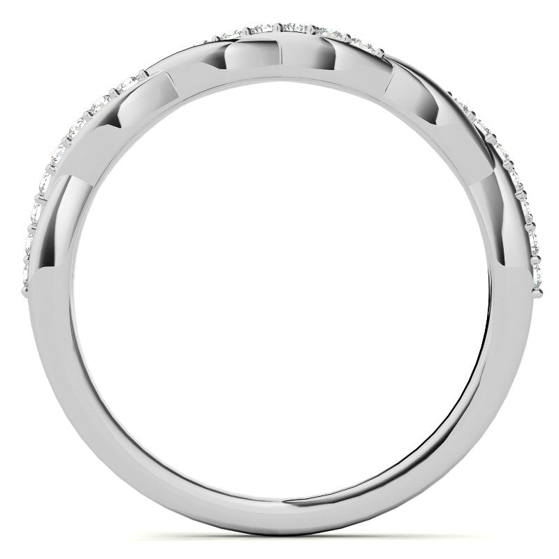Round Brilliant Moissanite Infinity Twist Style Engagement Ring With Diamond Accented Tulip Prongs