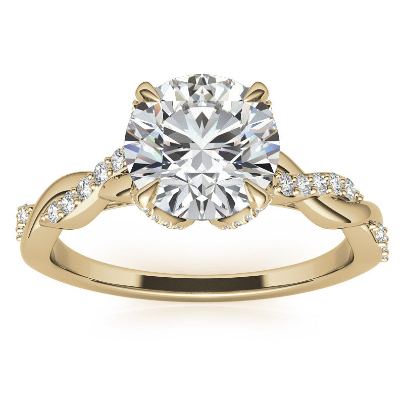 Round Brilliant Moissanite Infinity Twist Style Engagement Ring With Diamond Accented Tulip Prongs