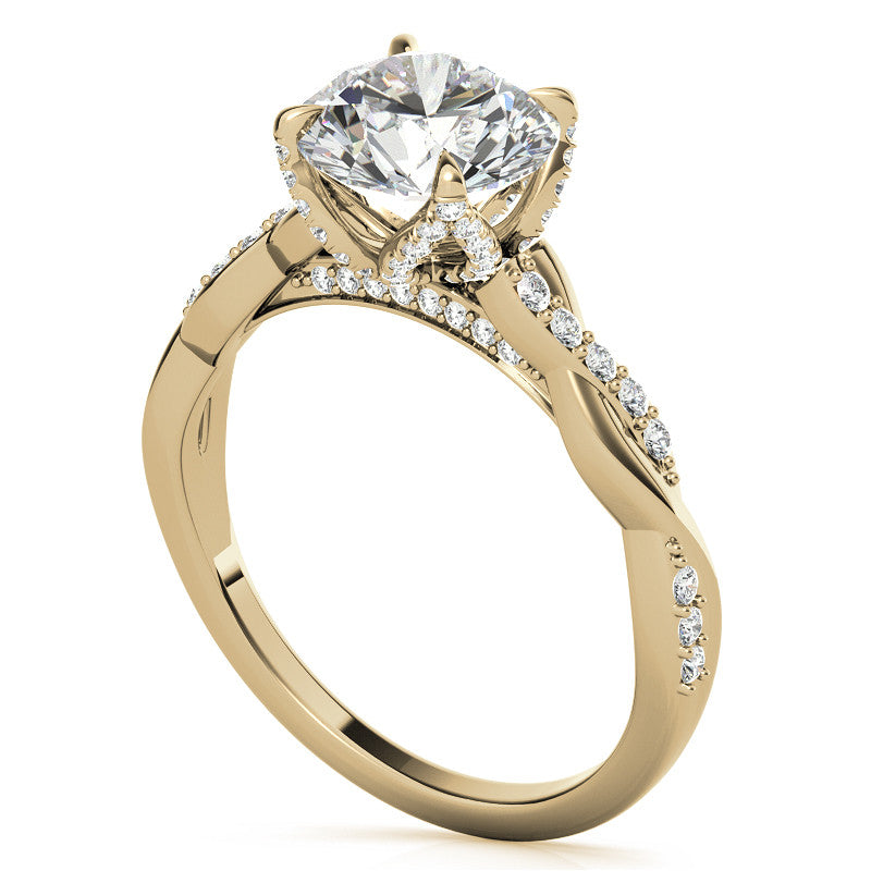 Round Brilliant Moissanite Infinity Twist Style Engagement Ring With Diamond Accented Tulip Prongs