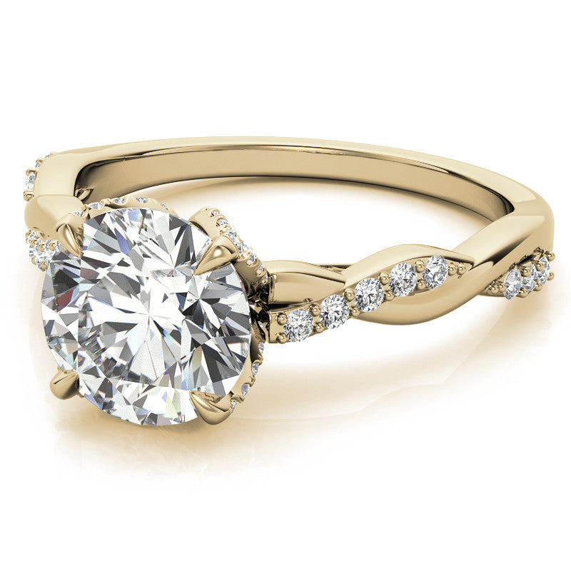 Round Brilliant Moissanite Infinity Twist Style Engagement Ring With Diamond Accented Tulip Prongs