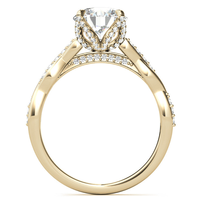 Round Brilliant Moissanite Infinity Twist Style Engagement Ring With Diamond Accented Tulip Prongs