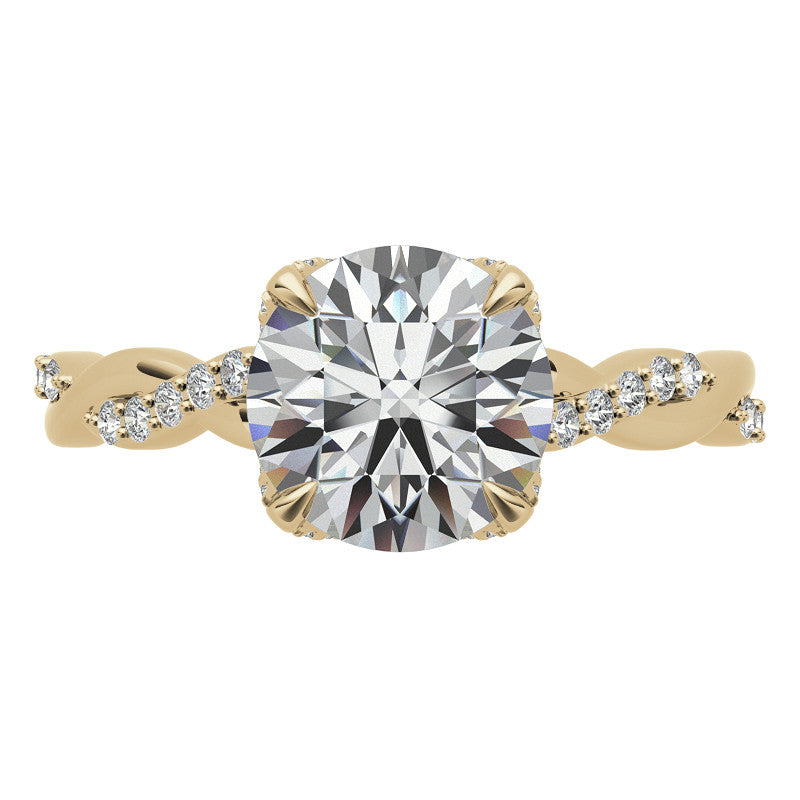 Round Brilliant Moissanite Infinity Twist Style Engagement Ring With Diamond Accented Tulip Prongs