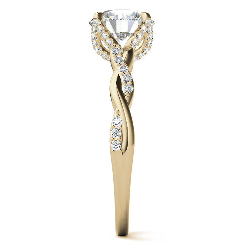 Round Brilliant Moissanite Infinity Twist Style Engagement Ring With Diamond Accented Tulip Prongs