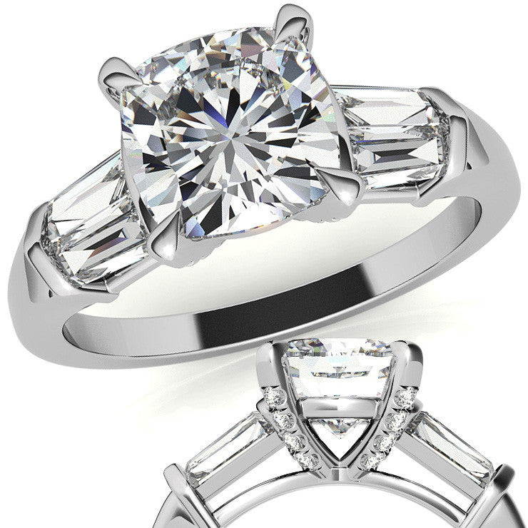 Cushion and Baguette Moissanite Engagement Ring with Prong Pave Accents