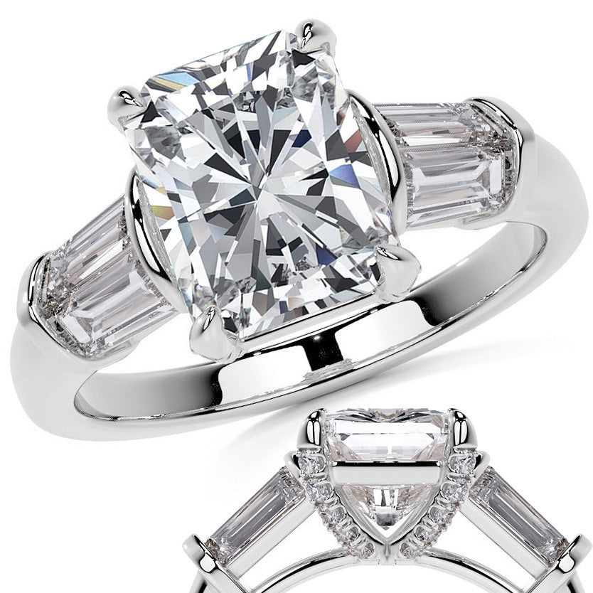 Emerald / Radiant and Baguette Moissanite Engagement Ring