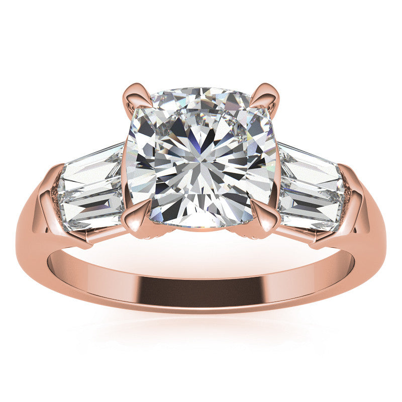 Cushion and Baguette Moissanite Engagement Ring with Prong Pave Accents