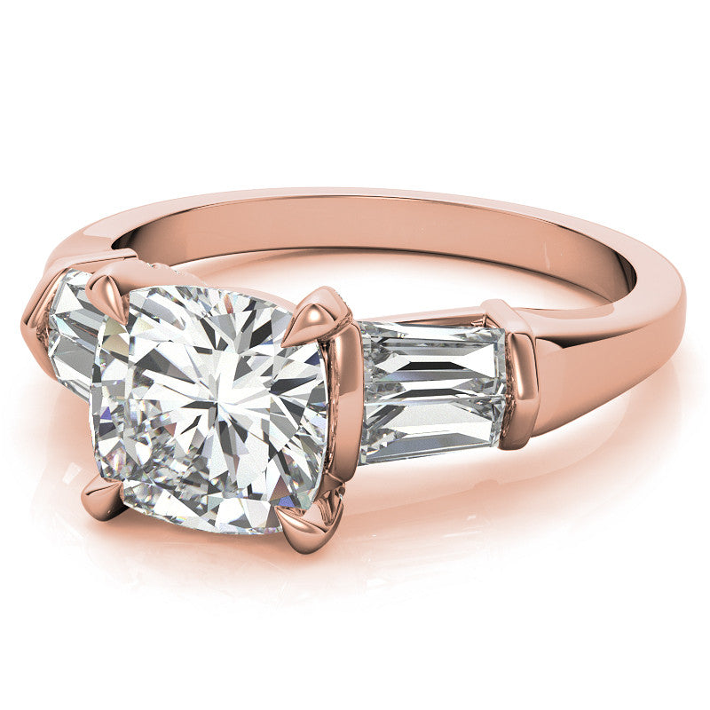 Cushion and Baguette Moissanite Engagement Ring with Prong Pave Accents