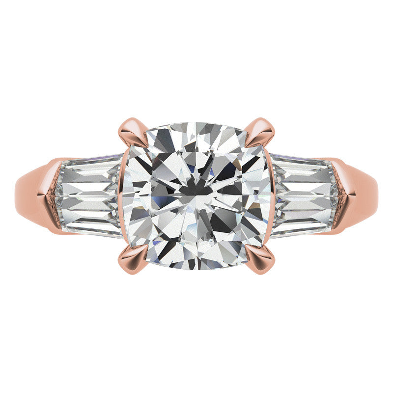 Cushion and Baguette Moissanite Engagement Ring with Prong Pave Accents