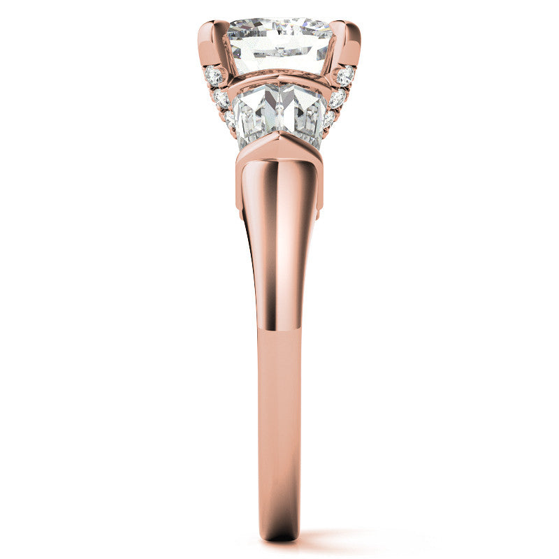 Cushion and Baguette Moissanite Engagement Ring with Prong Pave Accents