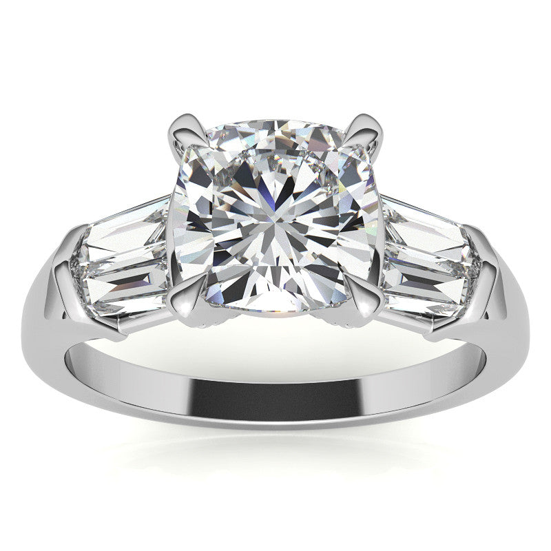 Cushion and Baguette Moissanite Engagement Ring with Prong Pave Accents