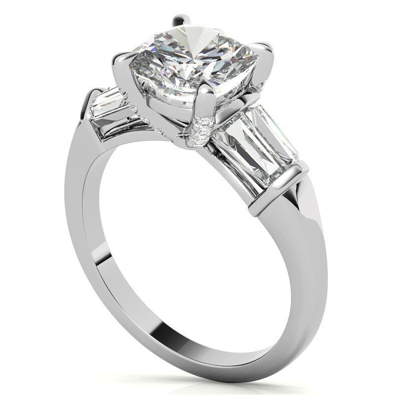 Cushion and Baguette Moissanite Engagement Ring with Prong Pave Accents