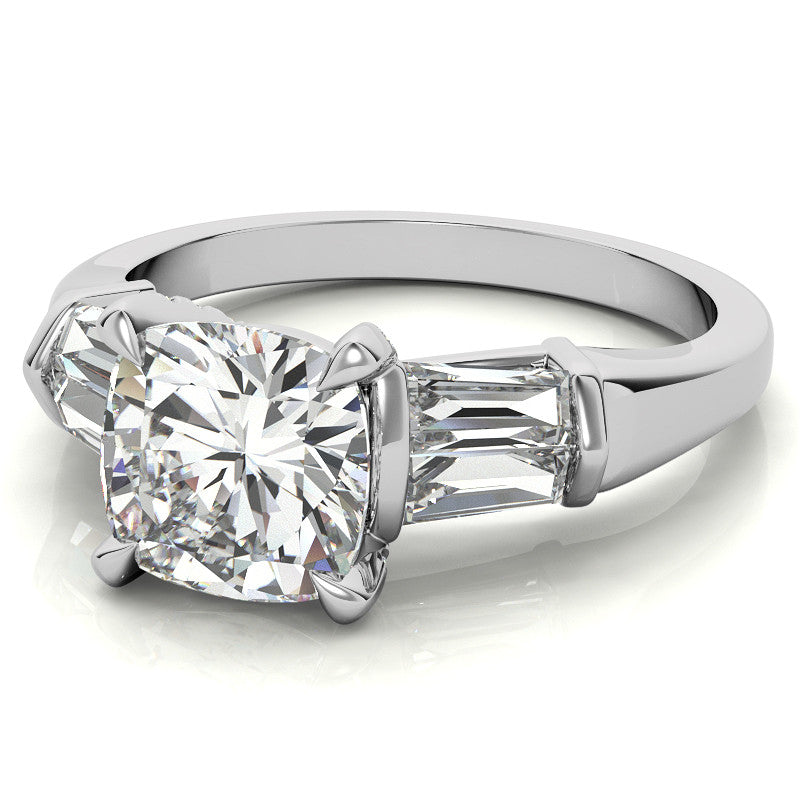 Cushion and Baguette Moissanite Engagement Ring with Prong Pave Accents