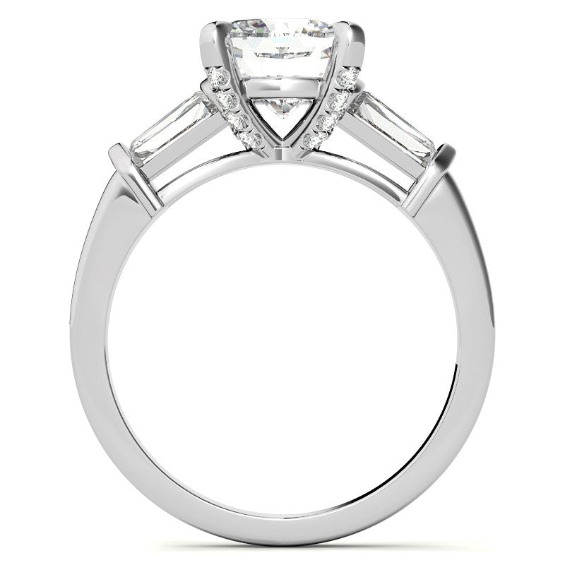 Cushion and Baguette Moissanite Engagement Ring with Prong Pave Accents