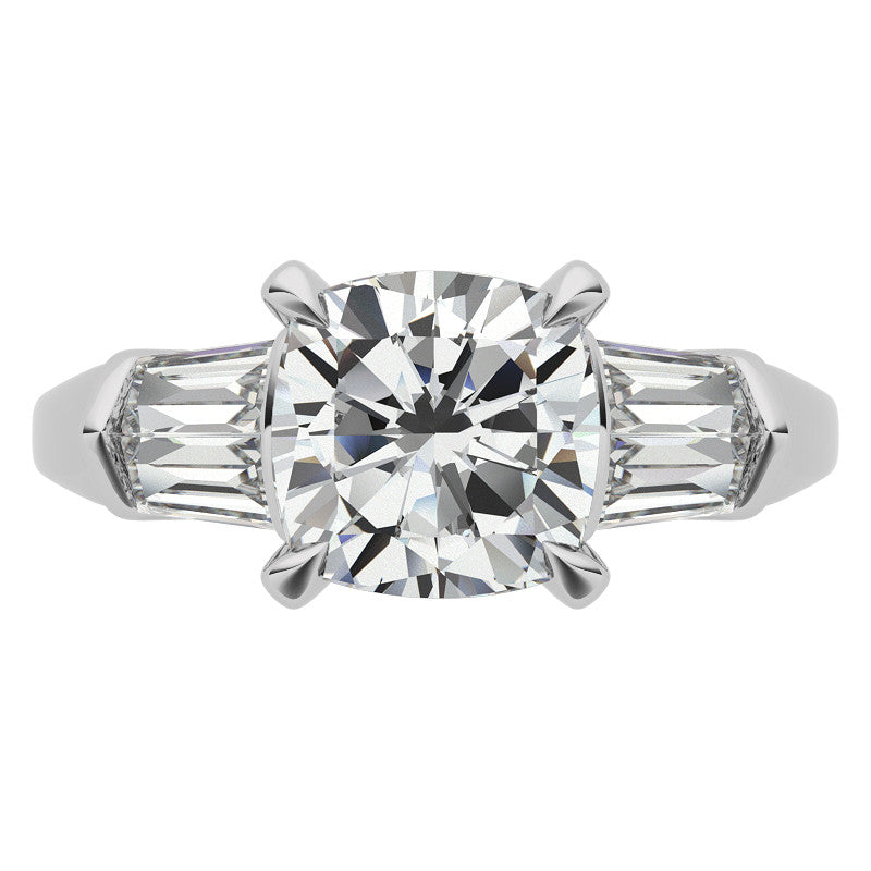 Cushion and Baguette Moissanite Engagement Ring with Prong Pave Accents