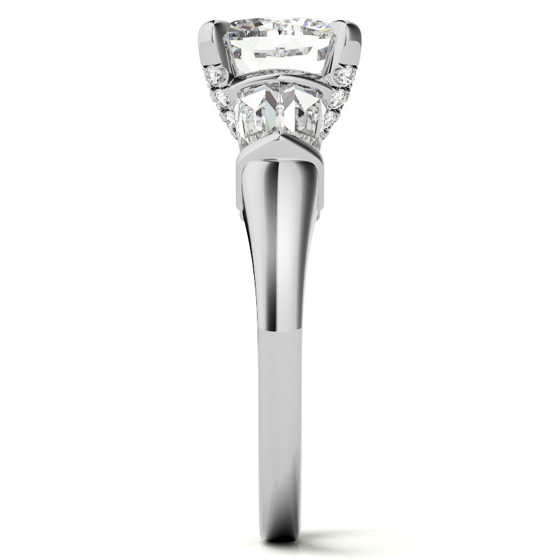 Cushion and Baguette Moissanite Engagement Ring with Prong Pave Accents