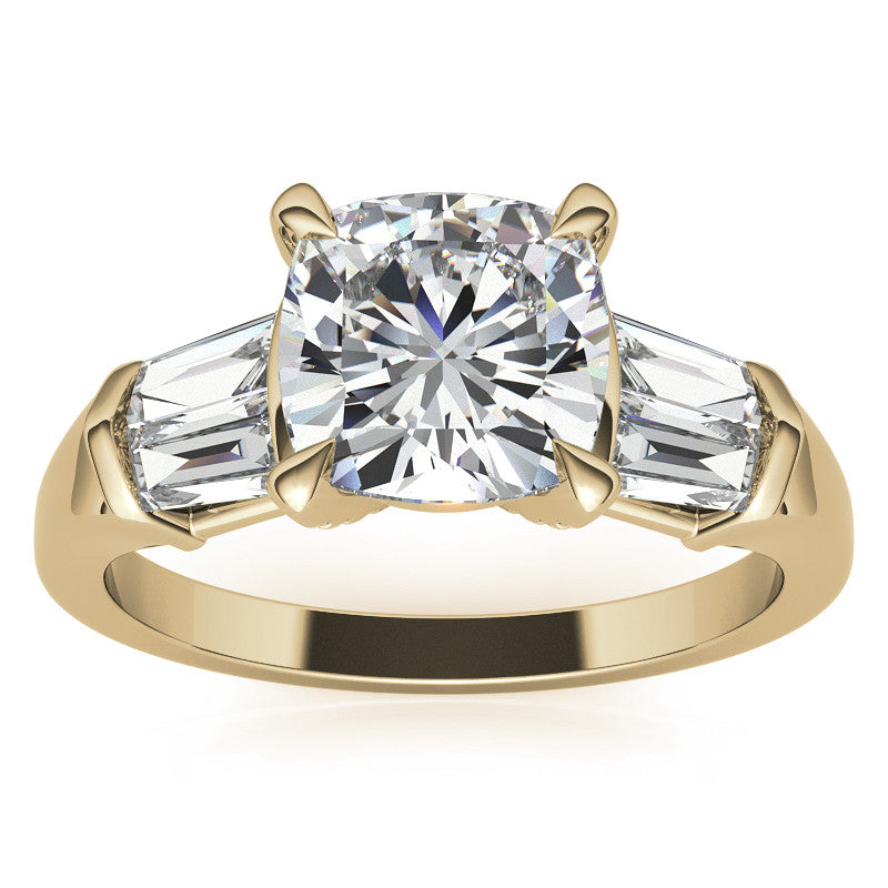 Cushion and Baguette Moissanite Engagement Ring with Prong Pave Accents