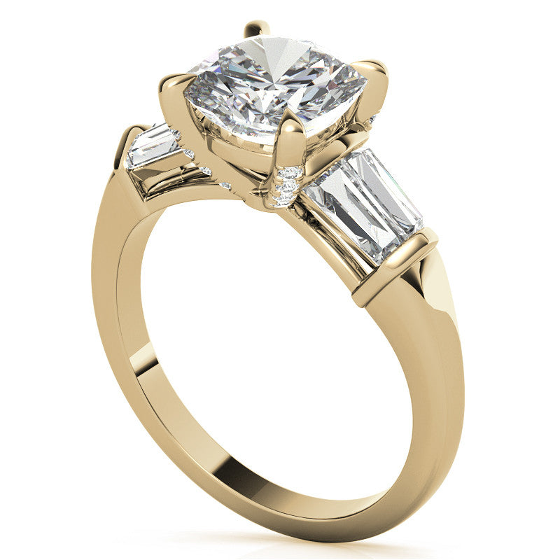 Cushion and Baguette Moissanite Engagement Ring with Prong Pave Accents
