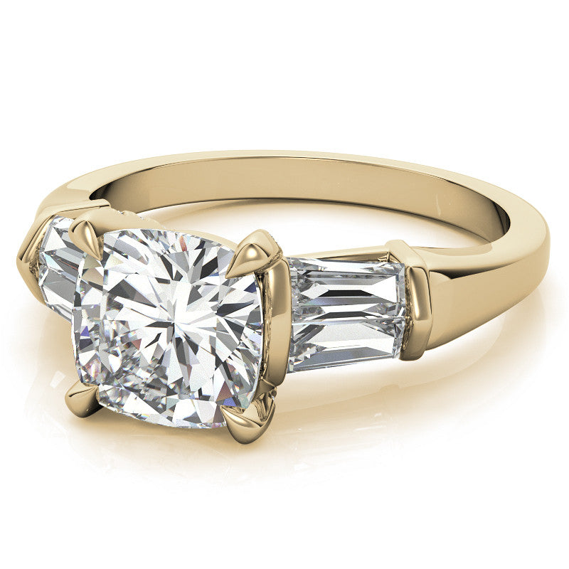 Cushion and Baguette Moissanite Engagement Ring with Prong Pave Accents