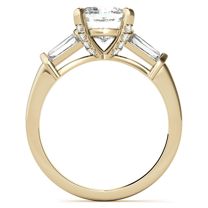 Cushion and Baguette Moissanite Engagement Ring with Prong Pave Accents